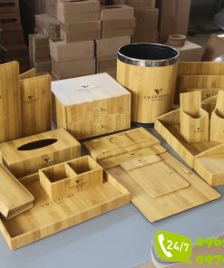 Bộ đồ dùng khách sạn bọc da màu tre vàng tự nhiên